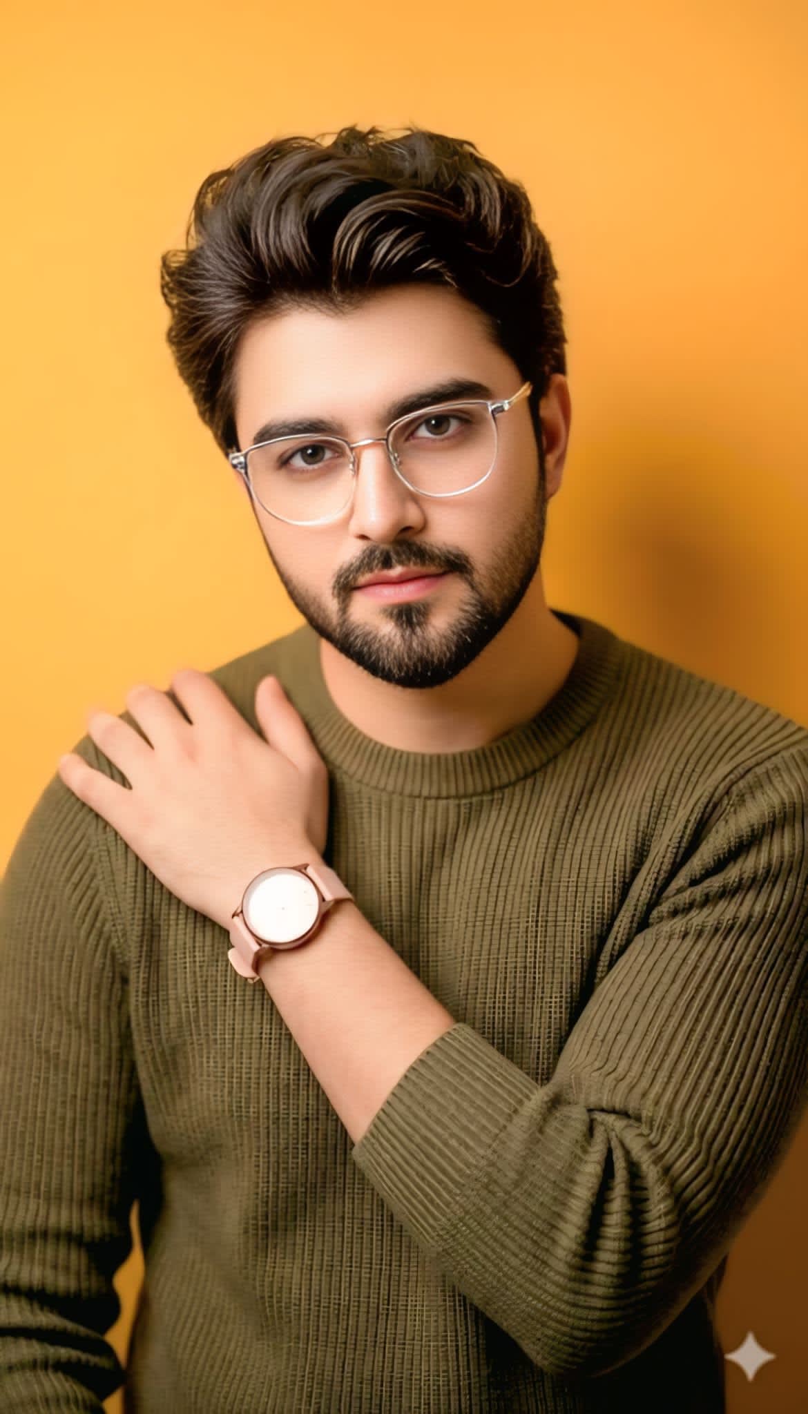 Ultra-realistic close-up studio portrait of a young man wearing thin silver glasses and an olive-brown ribbed knit sweater, with a rose-gold wristwatch visible. He holds a calm, confident expression against a warm mustard-orange background with soft studio lighting and a subtle wall shadow.