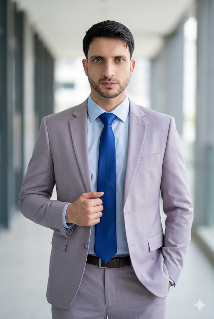 Young man in a light lavender-grey suit with blue shirt and royal-blue tie, standing confidently in a softly blurred luxury corridor, one hand in pocket and the other holding his blazer, photographed in a professional fashion campaign style.
