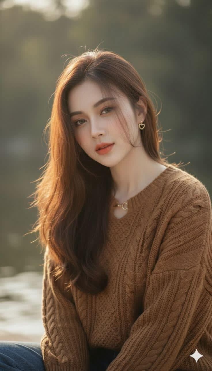 A photorealistic young woman seated outdoors near a softly blurred waterside background, wearing a warm brown cable-knit sweater, gold jewelry, and long chestnut-brown hair with a calm direct gaze.