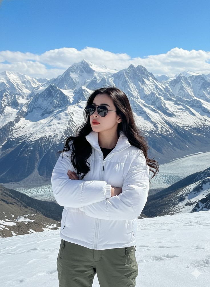 Photorealistic vertical portrait of a young woman standing in a snowy alpine mountain landscape, wearing a white puffer jacket, black sunglasses, olive-green cargo pants, and crossing her arms while looking confidently to her right.
