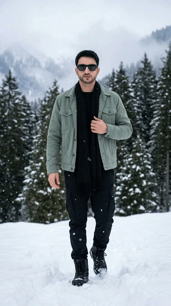 Photorealistic full-body vertical portrait of a young man walking through deep snow in an alpine pine forest, wearing a sage-mint green winter jacket, black scarf, black cargo pants, black boots, and dark sunglasses.