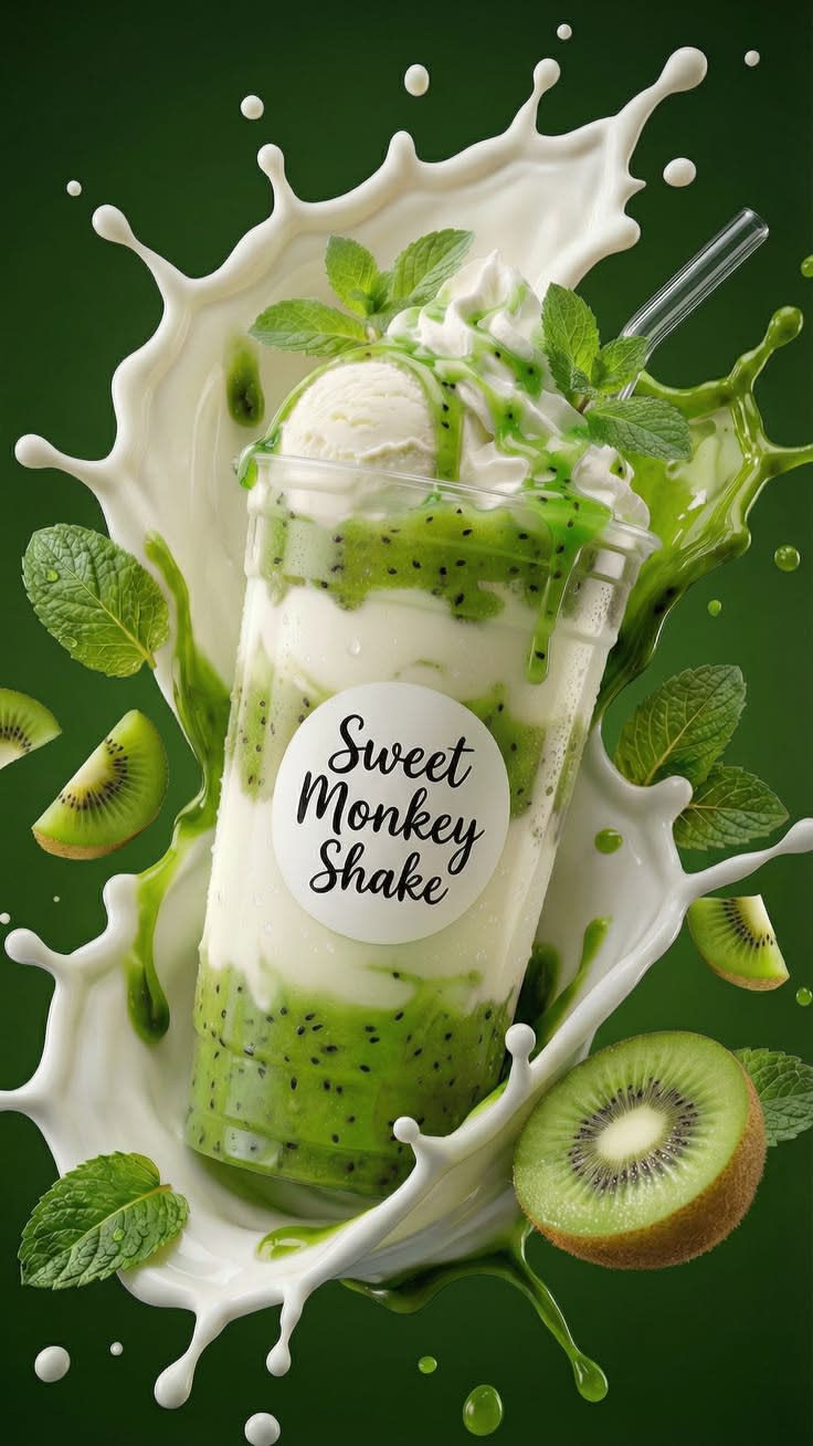 Commercial beverage product photograph of a kiwi milkshake in a clear takeaway cup with whipped cream, kiwi sauce, mint, floating kiwi slices, and a dramatic milk splash against a deep forest-green background in a vertical 9:16 composition.