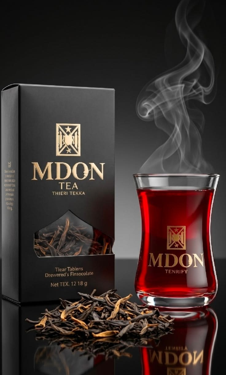 Luxury commercial product photograph of a matte black premium tea box with gold accents on the left and a traditional tulip-shaped glass of ruby-red tea with rising steam on the right, placed on a glossy black reflective surface with loose tea leaves in the foreground against a dark charcoal-to-black studio background.