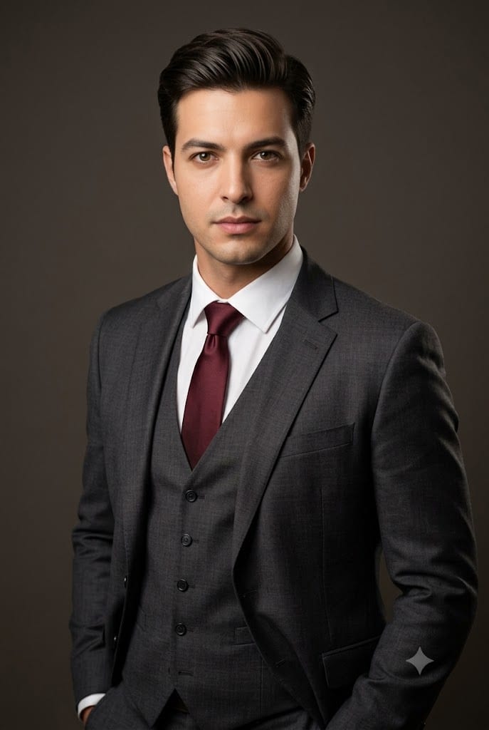 Photorealistic studio portrait of a young man wearing a charcoal-gray three-piece suit and burgundy tie against a softly blurred warm taupe background.