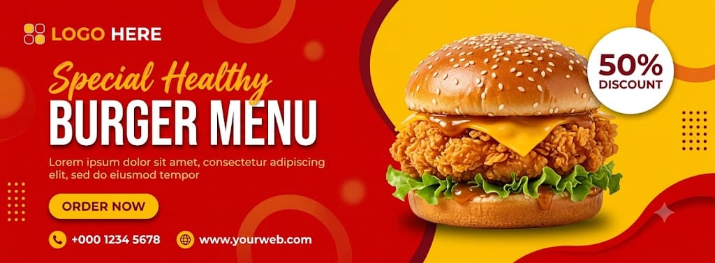 Wide red-and-yellow social media food banner featuring a bold burger menu headline, a gourmet fried chicken burger cutout, a discount badge, contact details, and an order button.