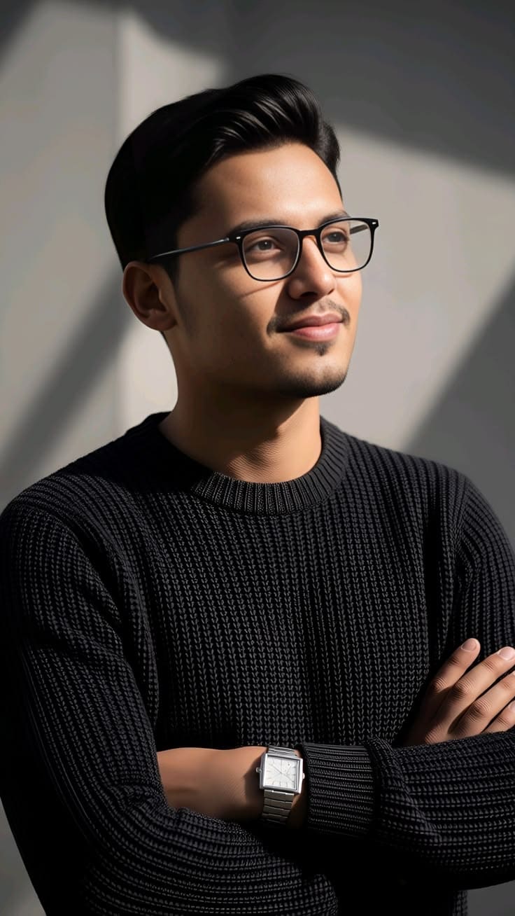 Photorealistic Young Man with Crossed Arms and Window Shadows