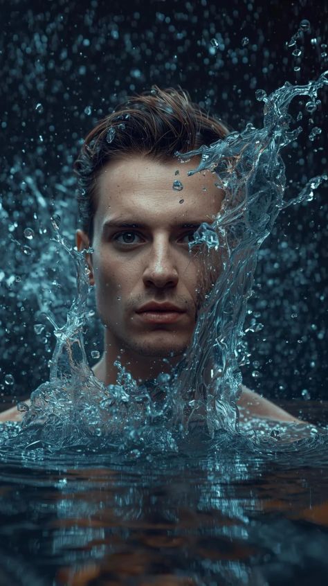 Ultra-realistic cinematic portrait of a young man emerging from dark water with a dramatic frozen teal-blue splash crossing part of his face, surrounded by mist, droplets, and moody editorial lighting.
