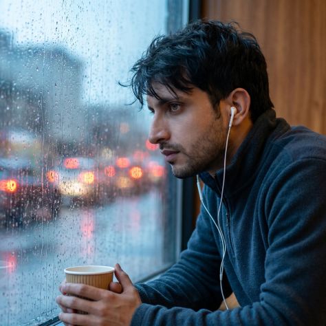Young man sitting beside a rain-covered window, holding a paper cup and wearing earphones, illuminated by cool blue evening light with soft city bokeh in the background.