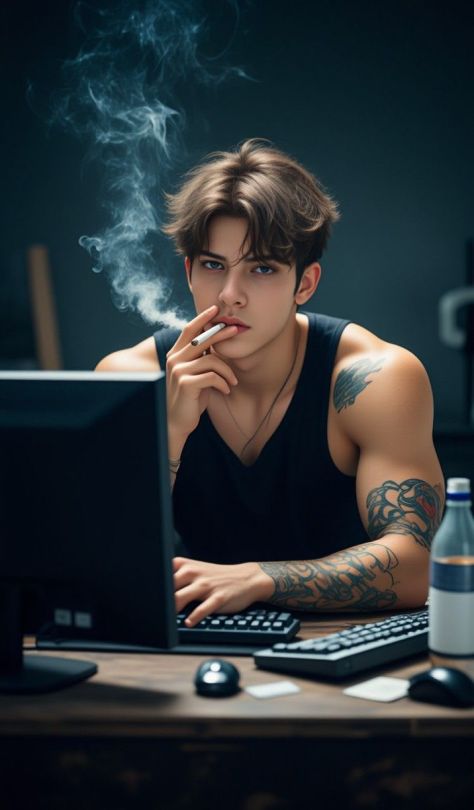 Young man sitting at a desk in a dim workspace, holding a cigarette with smoke rising around him, illuminated by cool cinematic blue lighting.