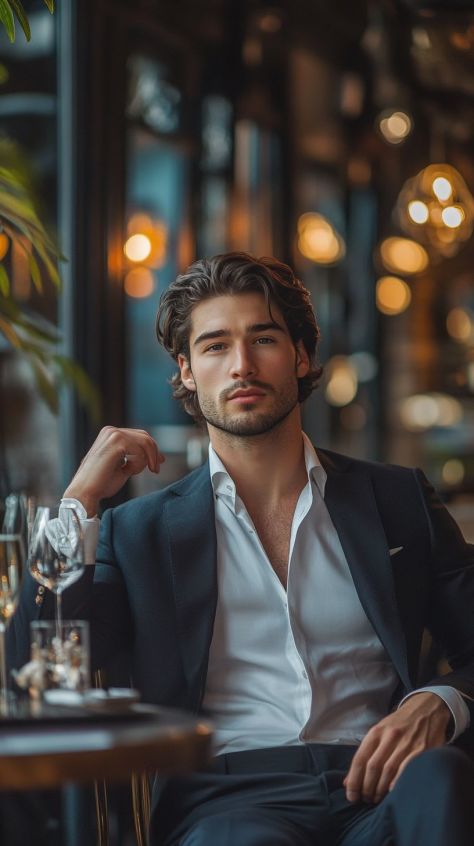 Young man in a dark suit sitting in a luxury lounge beside a window, surrounded by warm bokeh lights and blurred wine glasses in a cinematic editorial portrait.