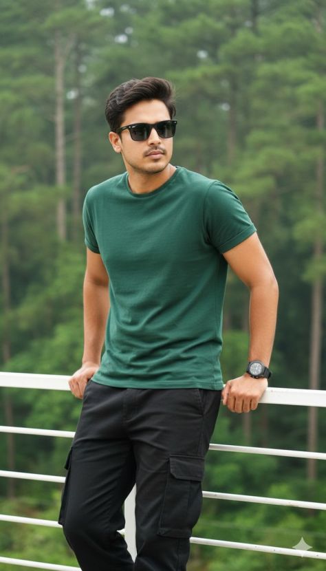 Young man in a dark green t-shirt and black cargo pants leaning against a white balcony railing with a blurred jungle background.