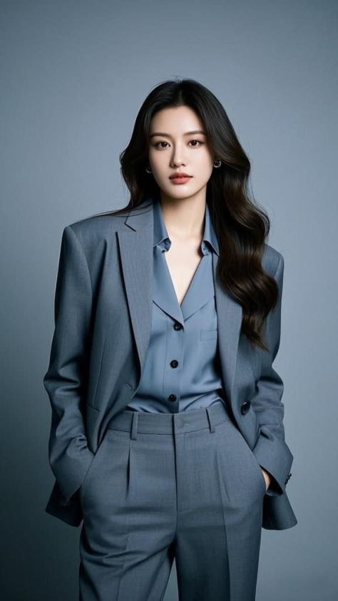 Young woman in a blue-gray tailored suit standing against a cool studio backdrop, looking directly into the camera in a polished corporate editorial portrait.