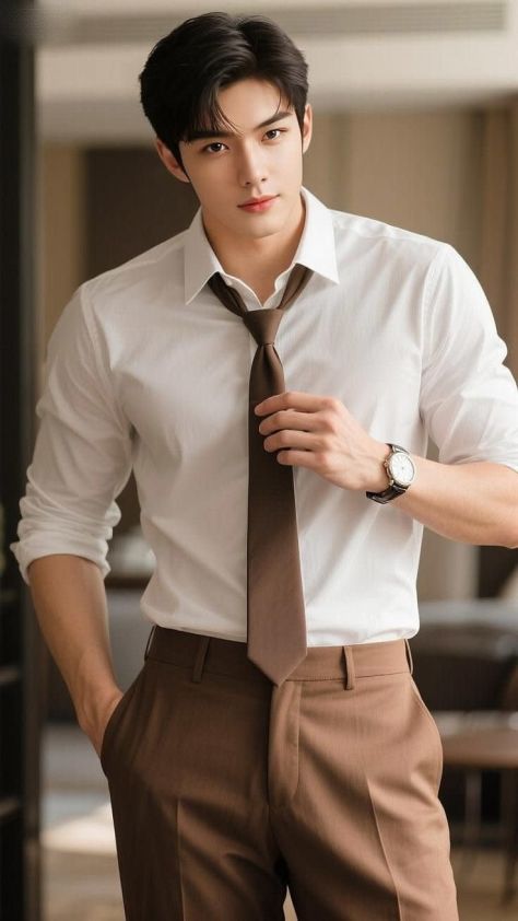 Young man in a white dress shirt and loosened brown tie posing indoors with one hand adjusting the tie and the other in his pocket, photographed in a luxury fashion editorial setting with a softly blurred warm-toned background.