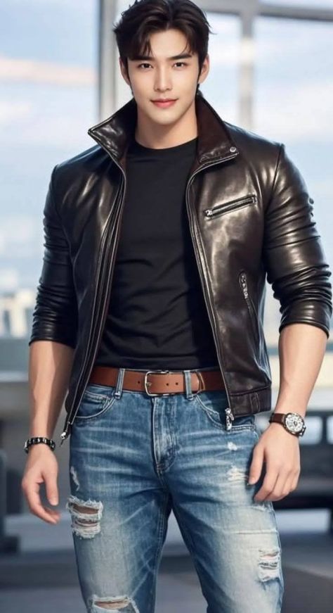 Young man wearing a black leather biker jacket over a black t-shirt with ripped light blue jeans, standing confidently in front of a softly blurred modern glass building interior.