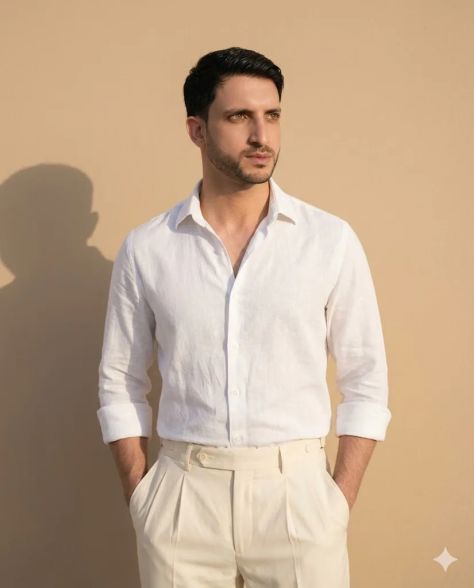 Ultra-realistic fashion editorial portrait of the same uploaded user, wearing a white open-collar shirt and cream pleated trousers, sleeves rolled to forearms, both hands in pockets, standing against a plain warm beige wall with natural sunlight and a visible wall shadow. The subject looks toward the left side of the frame with a calm, confident expression while maintaining preserved facial identity and natural skin texture.