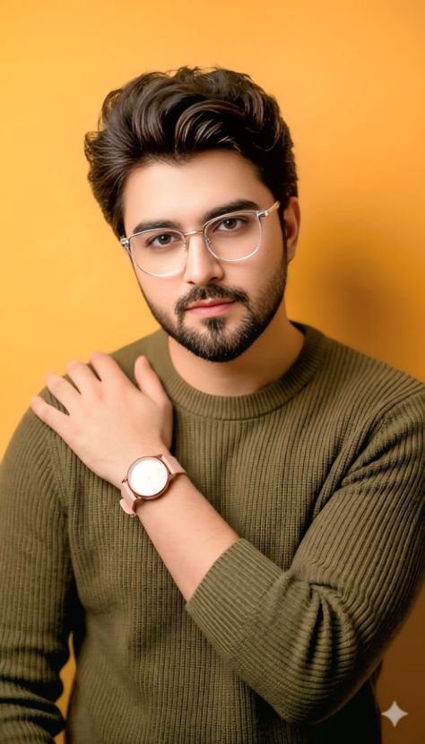 Ultra-realistic close-up studio portrait of a young man wearing thin silver glasses and an olive-brown ribbed knit sweater, with a rose-gold wristwatch visible. He holds a calm, confident expression against a warm mustard-orange background with soft studio lighting and a subtle wall shadow.