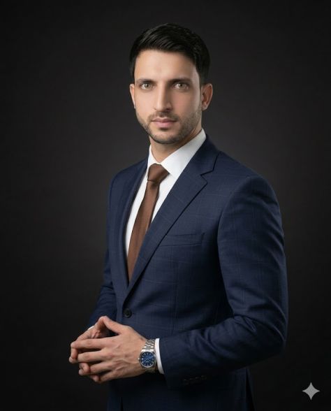Professional man in a navy-blue business suit with white shirt and brown tie, posed in a studio portrait with soft lighting and a neutral dark background, looking directly at camera.