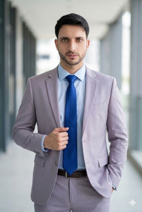 Young man in a light lavender-grey suit with blue shirt and royal-blue tie, standing confidently in a softly blurred luxury corridor, one hand in pocket and the other holding his blazer, photographed in a professional fashion campaign style.