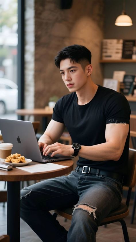 Young man seated at a wooden café table working on a silver laptop, wearing a fitted black T-shirt and distressed jeans, photographed in a softly lit modern coffee shop with a blurred window, warm pendant lamp, and shelving in the background.