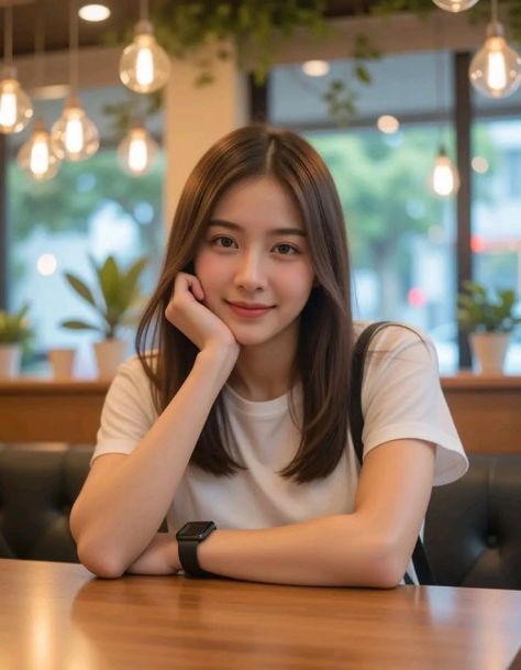 A photorealistic young woman seated at a warm indoor café table, wearing a plain white T-shirt and black smartwatch, with a soft smile and blurred warm café background.