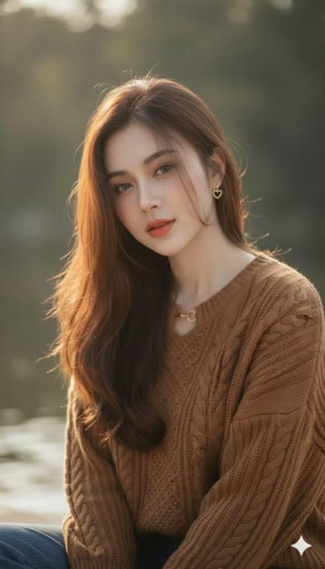 A photorealistic young woman seated outdoors near a softly blurred waterside background, wearing a warm brown cable-knit sweater, gold jewelry, and long chestnut-brown hair with a calm direct gaze.