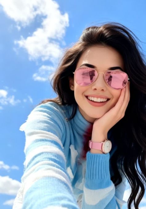 Photorealistic outdoor selfie portrait of a young woman wearing pink aviator sunglasses, a pastel sky-blue striped sweater, and a pink wristwatch, smiling under a natural blue sky with soft clouds.