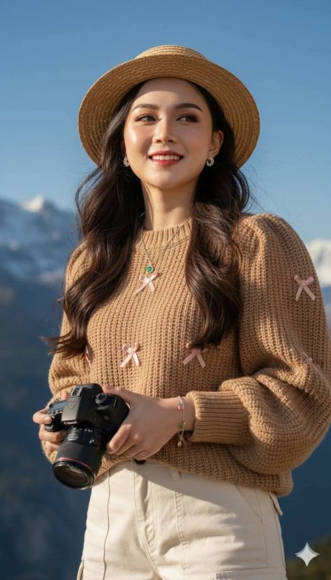 Photorealistic outdoor mountain portrait of a young woman wearing a straw hat, camel-brown knit sweater with subtle ribbon details, cream pants, and holding a black DSLR camera while posing diagonally with a soft sideways gaze.