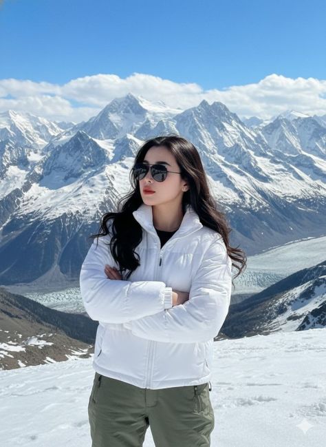 Photorealistic vertical portrait of a young woman standing in a snowy alpine mountain landscape, wearing a white puffer jacket, black sunglasses, olive-green cargo pants, and crossing her arms while looking confidently to her right.