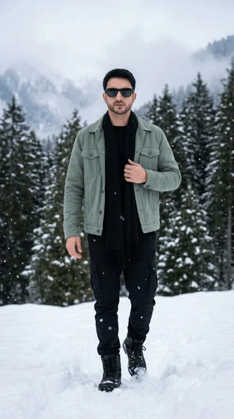 Photorealistic full-body vertical portrait of a young man walking through deep snow in an alpine pine forest, wearing a sage-mint green winter jacket, black scarf, black cargo pants, black boots, and dark sunglasses.