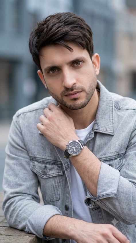 Photorealistic close vertical portrait of a young man wearing a light grey denim-style jacket over a white shirt, with one raised wrist wearing a silver watch near his neck and a heavily blurred outdoor urban background.