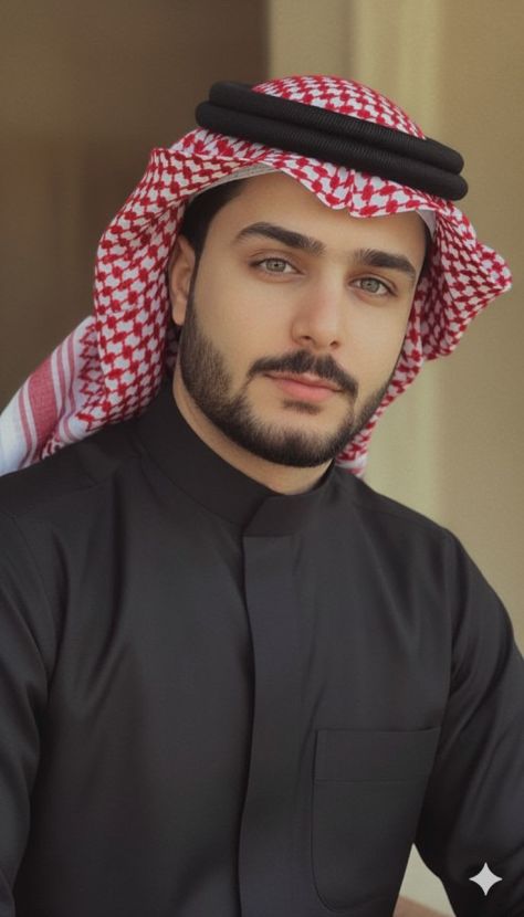 Photorealistic vertical portrait of a young man wearing a black thobe, red-and-white checkered shemagh, and black agal, positioned slightly left in frame with a warm blurred indoor background.