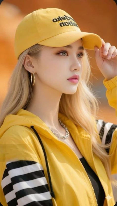 Photorealistic close-up vertical portrait of a young woman wearing a yellow baseball cap with double-row black embroidered text, a yellow zip hoodie, gold hoop earring, and silver chain necklace in a warm softly blurred outdoor background.