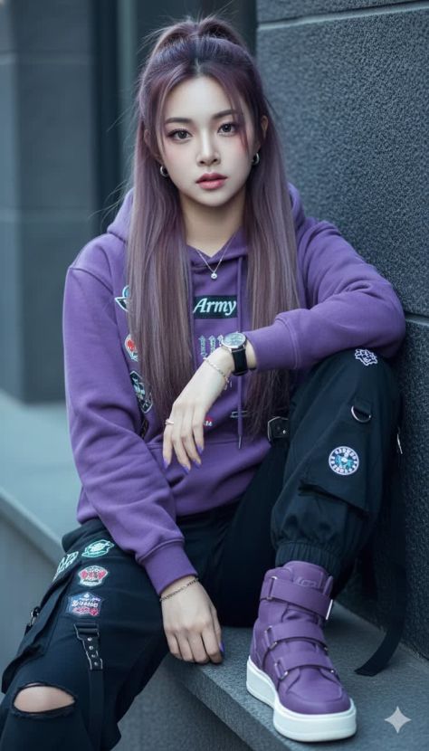 Photorealistic vertical portrait of a young woman seated on grey concrete steps beside cool-toned urban walls, wearing a muted violet hoodie, matching high-top sneakers, black cargo pants with stitched badge patches, silver accessories, and mauve-lavender ash-brown hair.