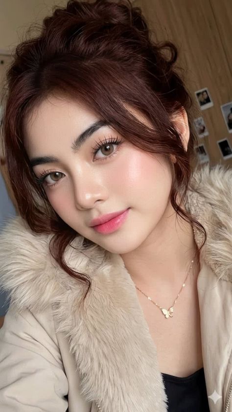 Photorealistic close-up vertical indoor portrait of a young woman wearing a light beige winter coat with a wide faux-fur lapel over a black top, a delicate gold butterfly necklace, soft glam makeup, and an auburn messy updo against a warm wooden background with small pinned photo prints.