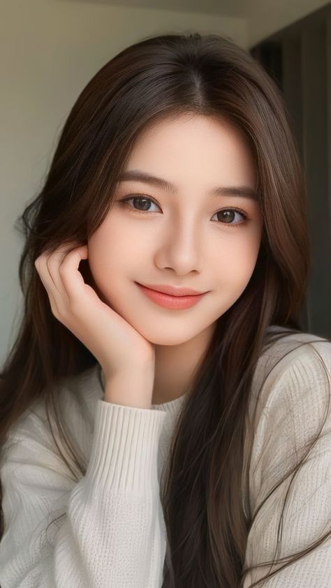 Photorealistic close vertical beauty portrait of a young woman wearing a cream-white knitted sweater, with long center-parted chestnut-brown hair, polished natural makeup, and one hand gently resting against her cheek in a soft indoor setting.