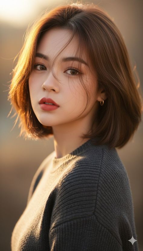 Photorealistic close vertical golden-hour portrait of a young woman with a short chestnut-brown bob hairstyle, charcoal-gray knitted sweater, small hoop earring, luminous skin glow, refined natural makeup, and a softly blurred warm outdoor background.