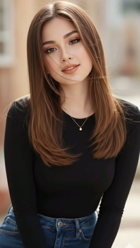 Photorealistic vertical portrait of a young woman leaning slightly forward toward the camera, wearing a fitted black long-sleeve top tucked into blue jeans, a delicate gold necklace, and long center-parted chestnut-brown hair, with soft glam makeup and a warm blurred outdoor urban background.