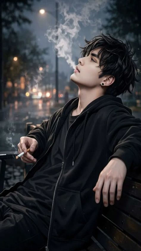 Photorealistic vertical night portrait of a young man seated on a dark wooden bench in a rainy urban park setting, wearing a black hoodie and black T-shirt, holding a lit cigarette while smoke rises from his mouth and cigarette tip against blurred warm streetlights and a cold blue-gray atmosphere.
