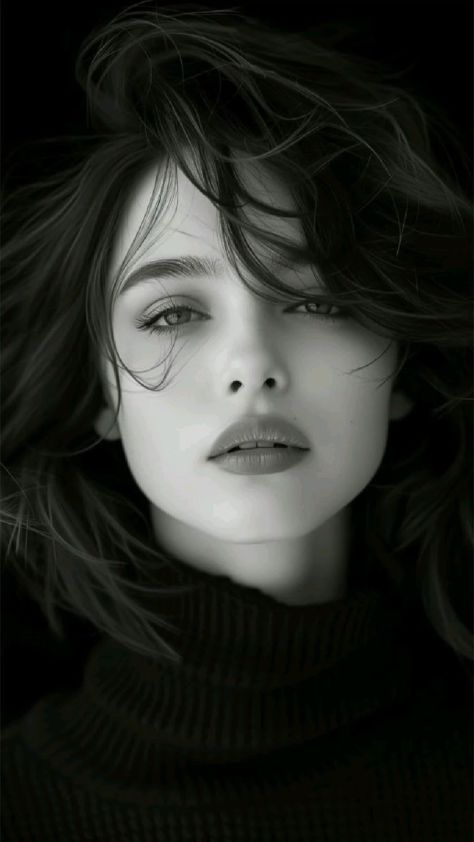 Ultra-photorealistic vertical black-and-white editorial close-up portrait of a young woman wearing a dark high-neck ribbed top, with wind-swept charcoal-black hair crossing her face, softly parted lips showing a small glimpse of teeth, direct camera gaze, dramatic monochrome lighting, and a deep black studio background.
