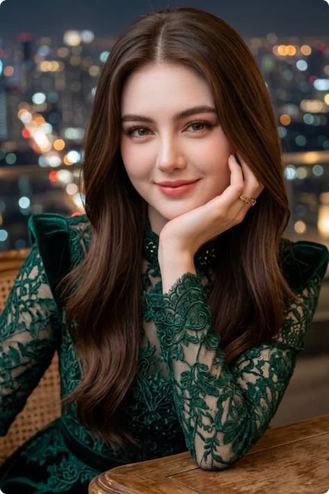 Photorealistic elegant night portrait of a young woman seated indoors wearing a deep emerald green embroidered lace dress with sheer nude mesh, long chestnut-brown wavy hair, soft glam makeup, a delicate gold ring, and one hand gently supporting her chin near a wooden table, with a woven chair and blurred colorful nighttime city lights in the background.