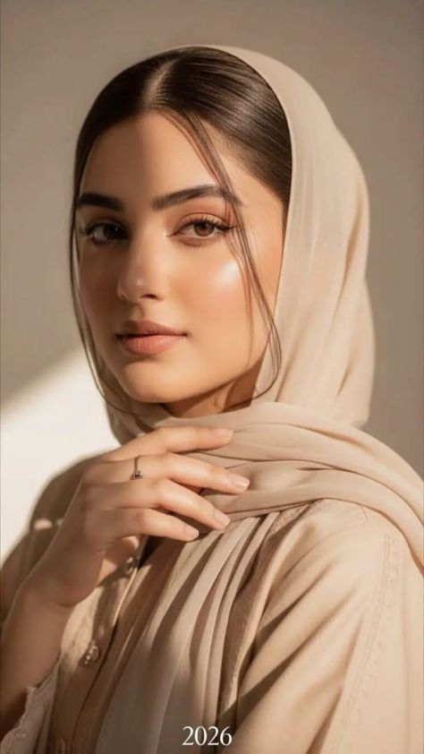 Photorealistic vertical portrait of a young woman wearing a matching warm beige chiffon scarf and beige modest outfit, with one hand gently placed across her upper chest, dark hair strands visible under the scarf, calm direct gaze, soft-glam makeup, and warm sunlight creating gentle shadows against a minimal beige background.