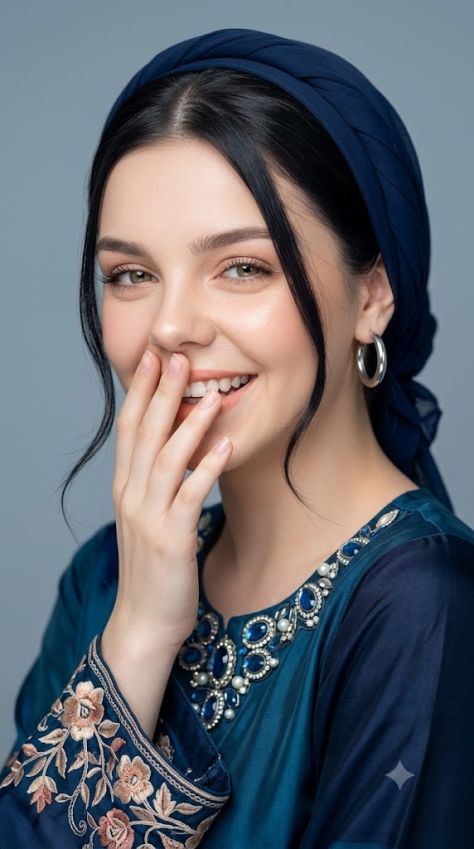 Photorealistic vertical portrait of a young woman in a deep teal-blue traditional outfit with an embellished gemstone neckline and embroidered sleeve cuff, laughing with one hand gently covering part of her mouth, wearing a rolled navy-blue headwrap band, silver hoop earring, glossy dark hair with loose face-framing strands, and a plain cool grey-blue studio background.