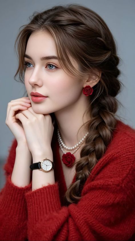 Photorealistic vertical portrait of a young woman in a rich deep-red fuzzy knit sweater, wearing a double-layer pearl necklace with a red rose pendant, matching red rose earring, and a minimalist wristwatch, posed with both hands gently under her chin, chestnut-brown braided hair over one shoulder, pale blue-grey eyes, and a soft cool grey-blue studio background.