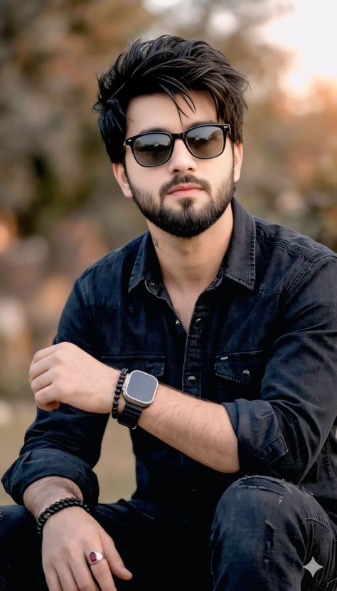 Photorealistic vertical outdoor portrait of a young man seated in a stylish pose, wearing a fitted black button-up shirt, black trousers, black rectangular sunglasses, smartwatch, bead bracelets, and a silver ring with a red stone, with a softly blurred tree-and-sunlight background.