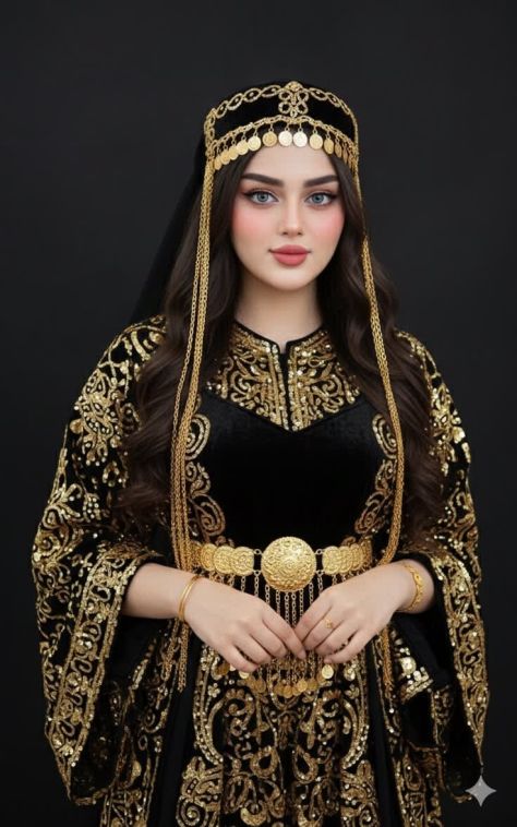 Photorealistic vertical studio portrait of a young woman wearing a black-and-gold traditional ceremonial outfit with ornate metallic embroidery, wide draped sleeves, a crown-like gold headpiece with forehead coins and side chain tassels, a broad gold waist ornament, rose-pink lipstick, and both hands modestly gathered below the waist jewelry against a plain dark studio background.