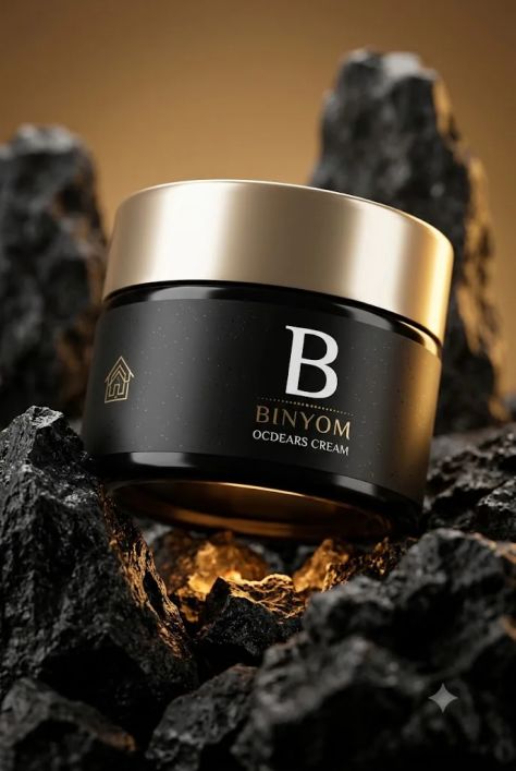 Photorealistic luxury cosmetics advertising hero shot of a black face cream jar with a champagne-gold cap and “B” branding, placed diagonally among jagged charcoal volcanic rocks with warm golden studio lighting and a blurred amber-brown background.