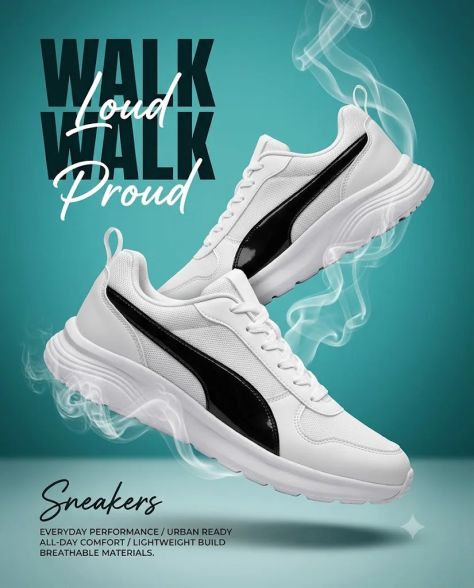 High-end commercial sneaker advertising poster featuring two floating modern white athletic sneakers with glossy black curved side panels, surrounded by soft smoke trails in a teal studio wall-and-floor setup with bold editable-style typography, realistic shadows, and premium product lighting.