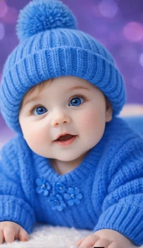 Photorealistic vertical close-up portrait of an infant baby lying diagonally on a soft white fuzzy rug, wearing a saturated blue knitted beanie with a fluffy pom-pom and a chunky blue knitted sweater with small floral appliqués, looking directly at the camera with large bright blue eyes and a soft open-mouth surprised smile against a dreamy blurred purple-blue bokeh studio background.