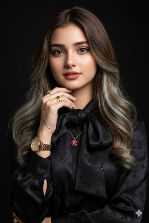 Photorealistic studio portrait of a young adult woman with long wavy dark brown hair and sage-green highlights, wearing a black satin jacquard blouse with a bow-tie neckline, gold rings, wristwatch, and a subtle forearm tattoo against a near-black backdrop.