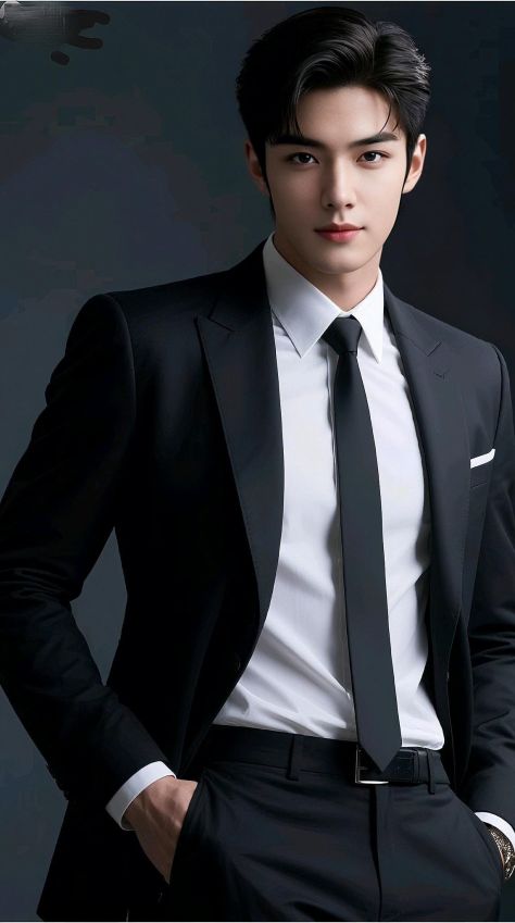 Photorealistic studio portrait of a young adult man with jet-black side-swept hair, wearing a black tailored suit, white dress shirt, matte black necktie, pocket square, and wristwatch against a dark charcoal-to-black textured backdrop.